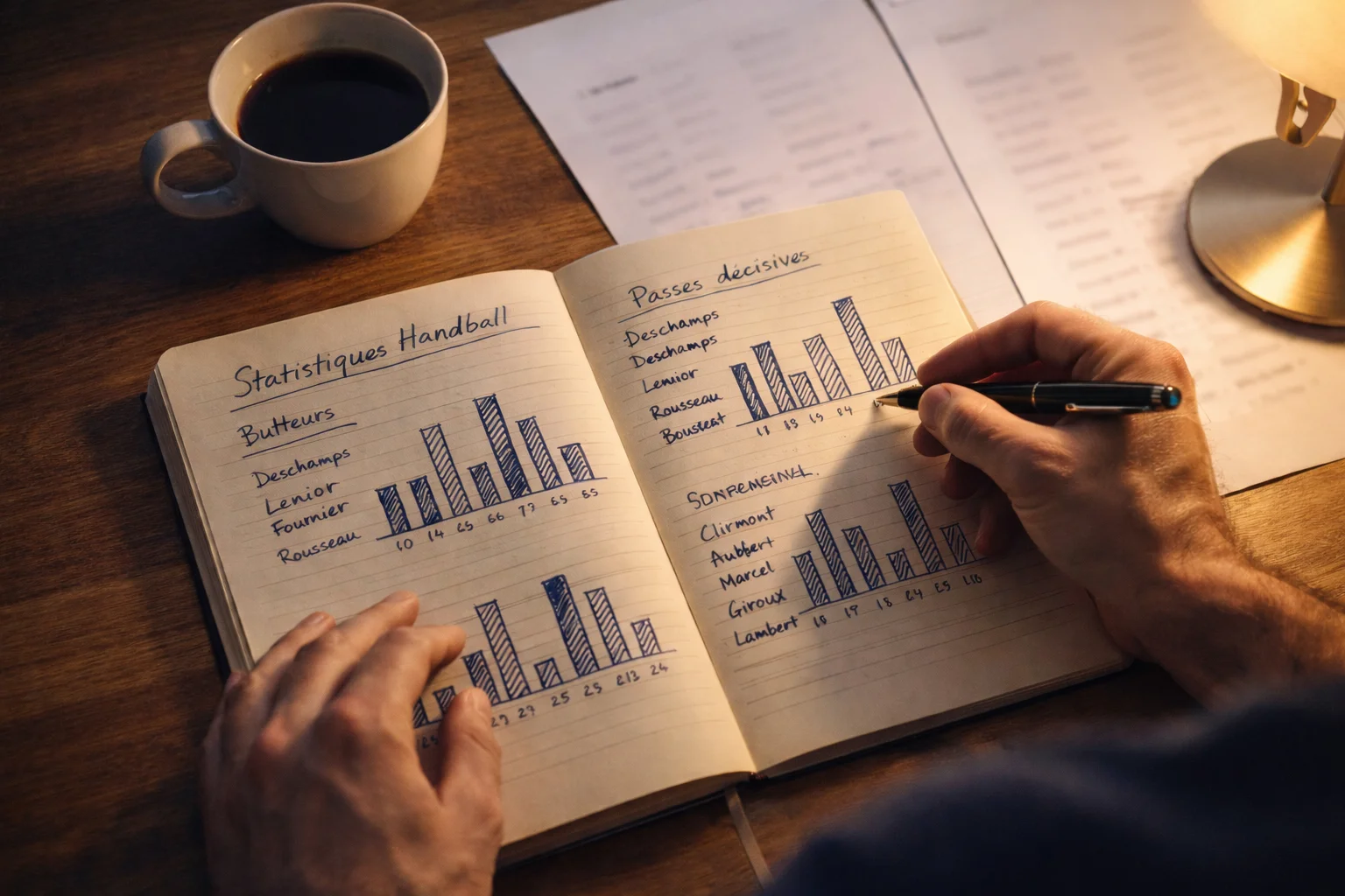Personne analysant des statistiques de handball sur un carnet avec des notes et des graphiques simples