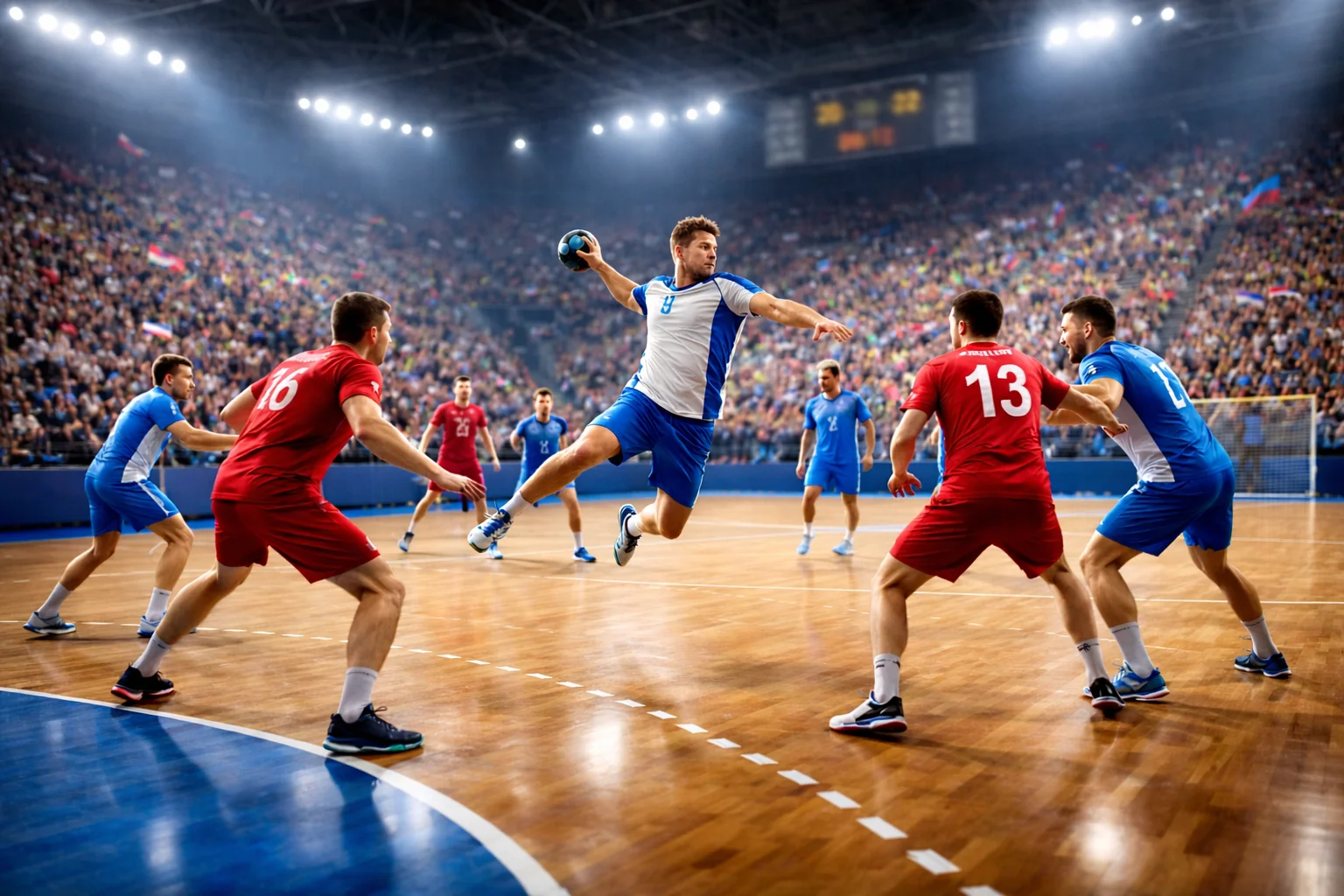 Match de handball en salle lors d'une compétition majeure avec tribunes remplies de spectateurs