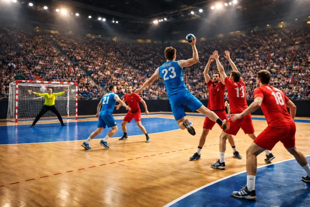 Match de handball en salle avec deux équipes en action devant un public nombreux