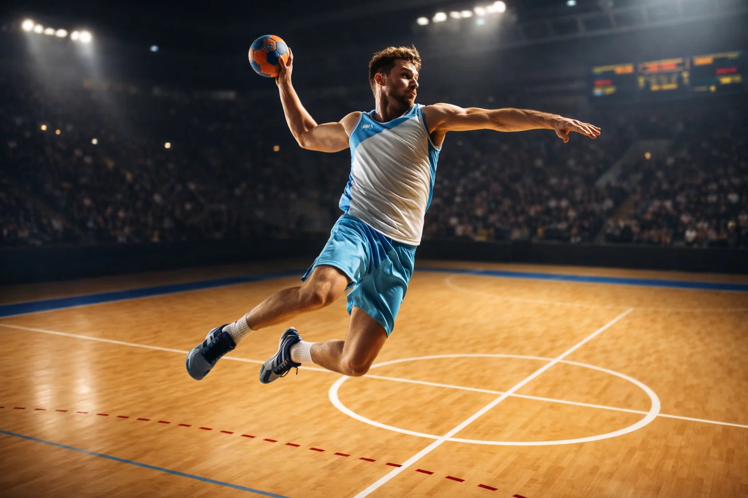 Joueur de handball en pleine action lors d'un tir en suspension dans une salle illuminée