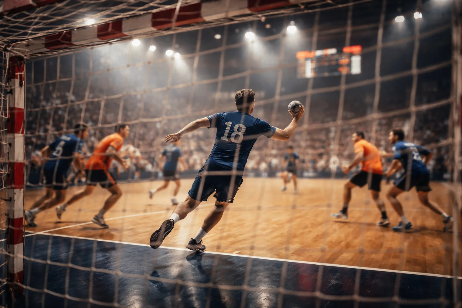Ambiance de match de handball en direct avec éclairage dynamique et joueurs en mouvement