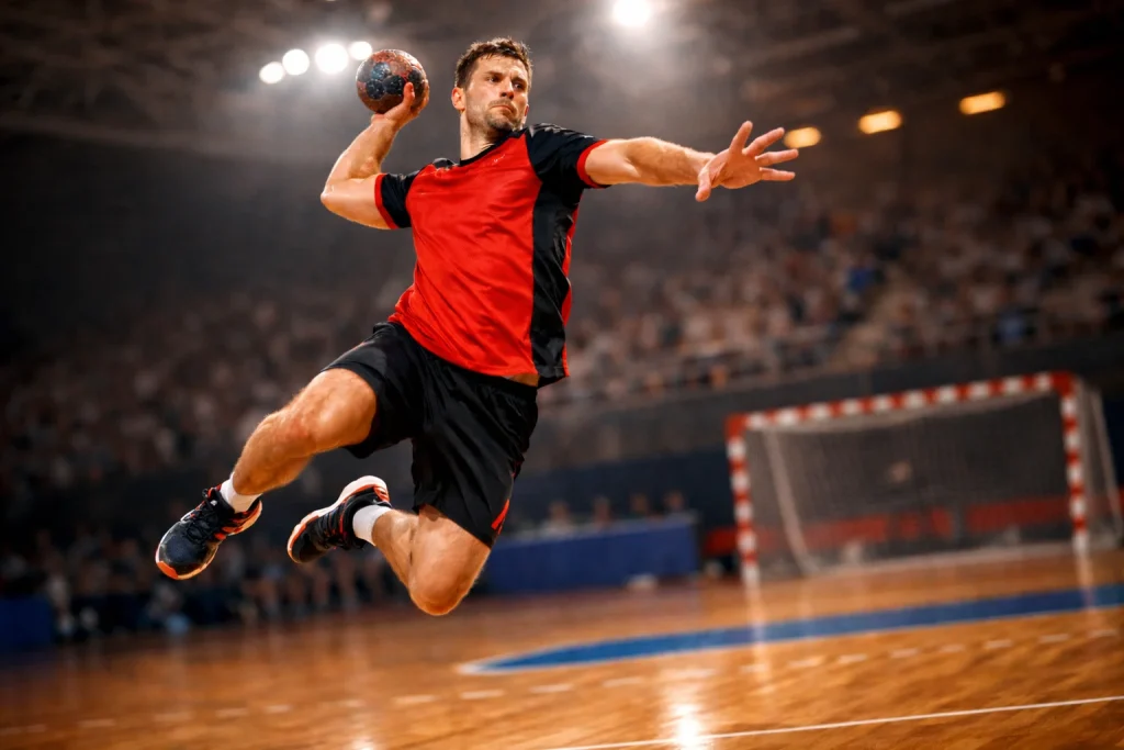 Joueur de handball en pleine action de tir dans une salle de handball éclairée