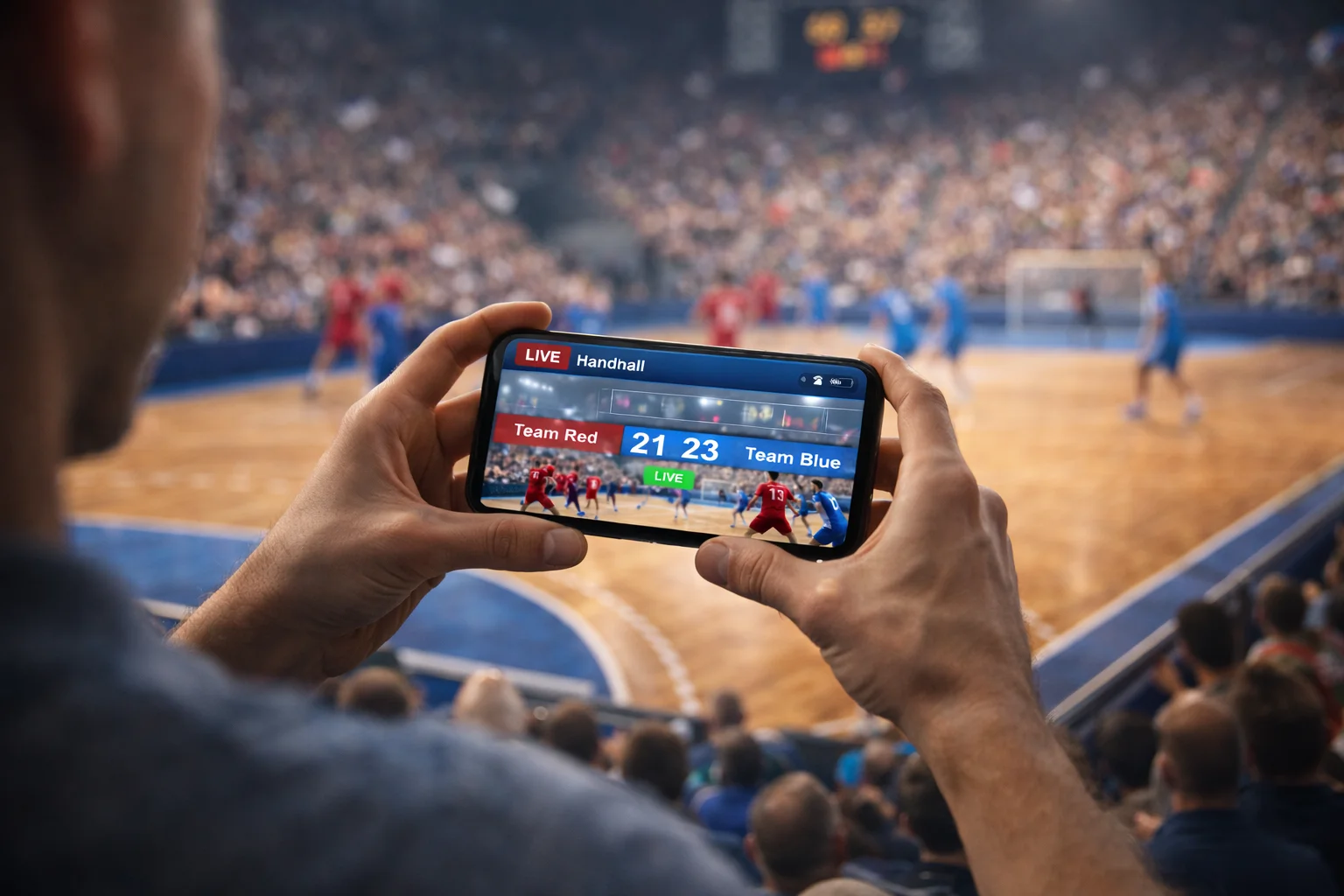 Spectateur suivant un match de handball en direct sur son smartphone depuis les tribunes