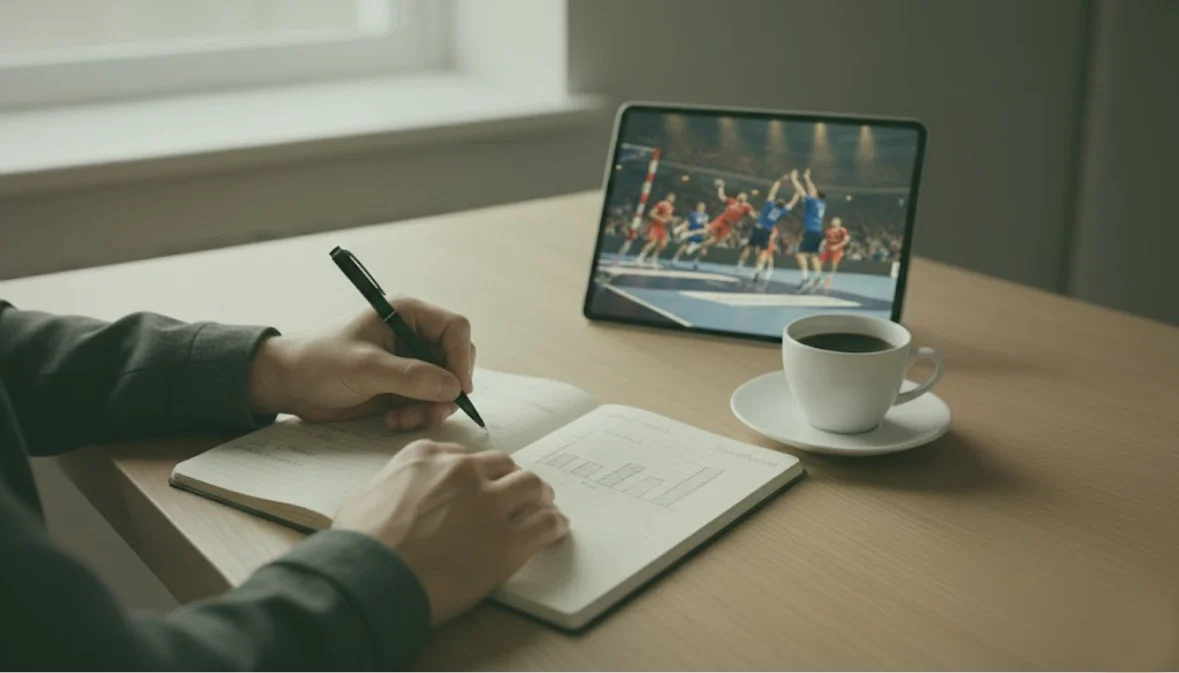 Personne analysant des statistiques de handball sur un carnet avec un terrain de hand en arrière-plan