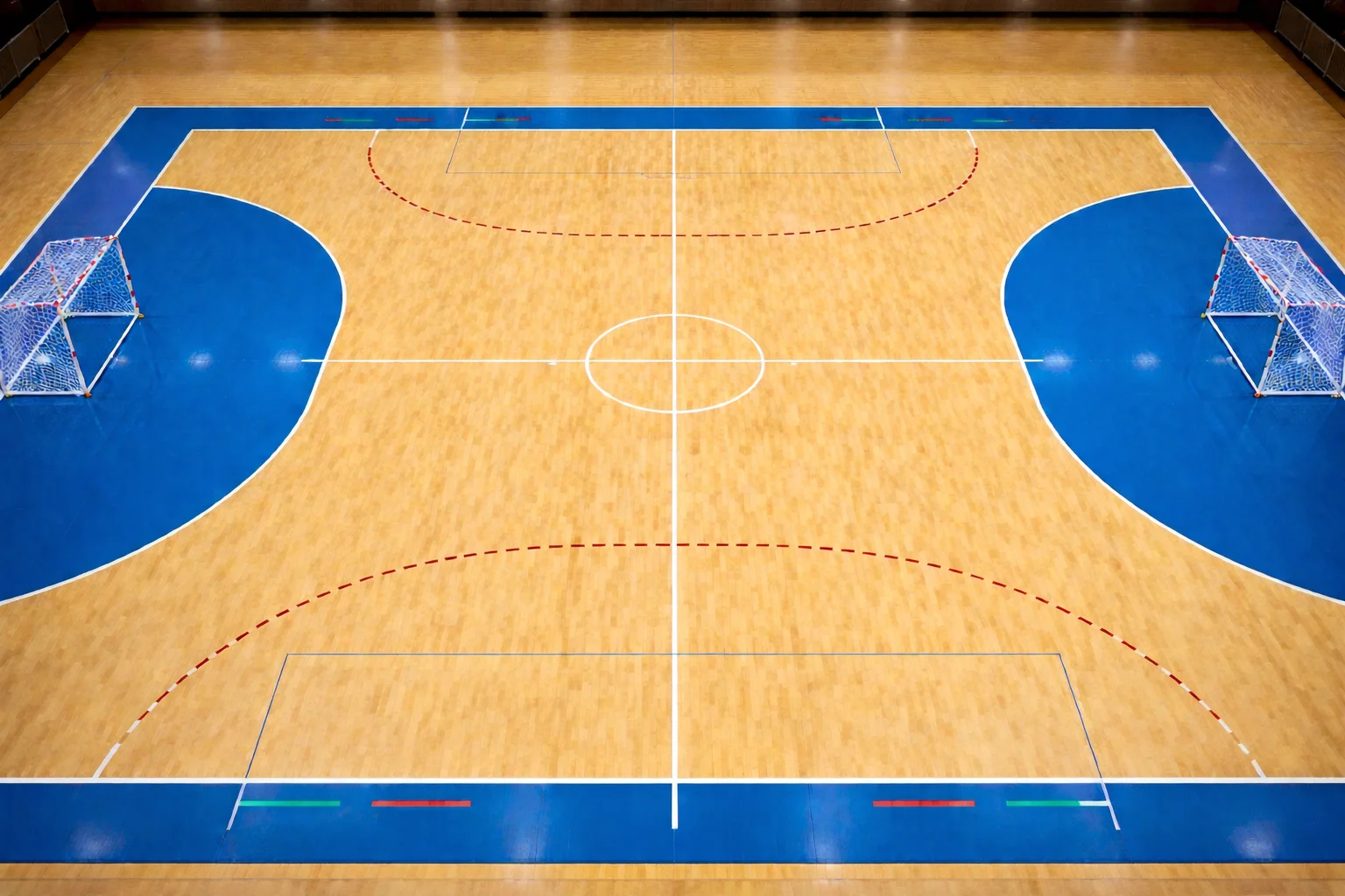 Terrain de handball vu de haut avec les lignes de jeu et les zones réglementaires